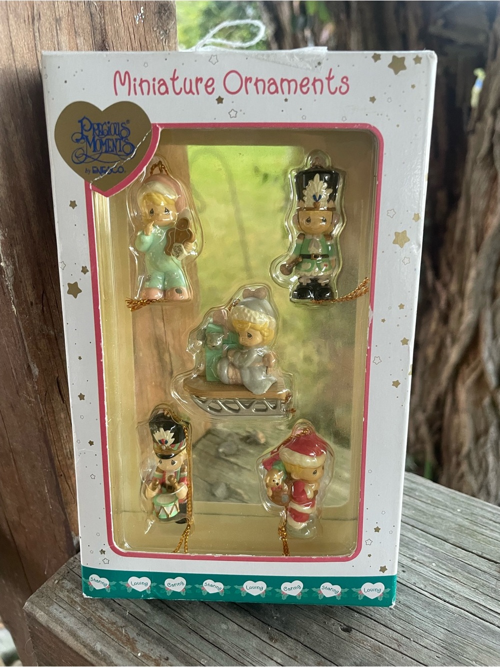 Precious Moments Miniature Ornaments Set in Green, Red, Gold
